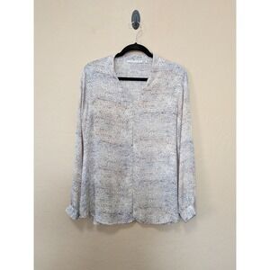 Violet + Claire Blue Abstract Print Split V-Neck Blouse Large Airy Minimalist